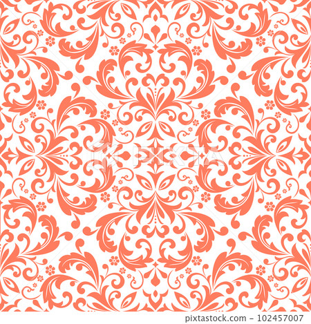 Wallpaper in the style of Baroque. Seamless vector background. White and pink floral ornament. Graphic pattern for fabric, wallpaper, packaging. Ornate Damask flower ornament 102457007