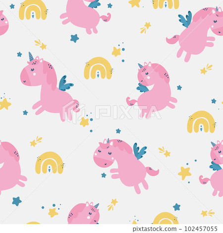Unicorn seamless pattern. Vector cartoon cute characters in simple childish hand-drawn scandinavian style. 102457055