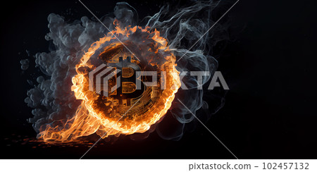 Burning in fire golden bitcoin on black background, Bitcoin coin in flames, burn cryptocurrency bit coin money, crash and blockchain bubble, Generative AI 102457132
