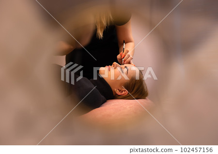 Female Beauty Expert Applying Dye On Woman's Eyebrow Female Beauty Expert Applying Dye On Woman's Eyebrow 102457156