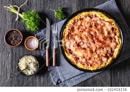 baked spaghetti with ground beef, sauce, cheese baked spaghetti with ground beef, sauce, cheese 102458156