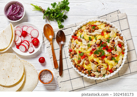 chicken, pinto beans, tomatoes, cheese, top view 102458173