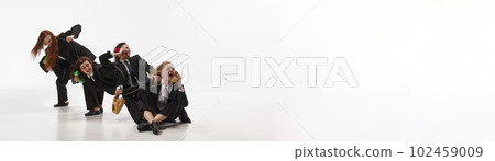 Banner with busy business women, office workers in suit starting talking via telephones over white studio background. Working process 102459009