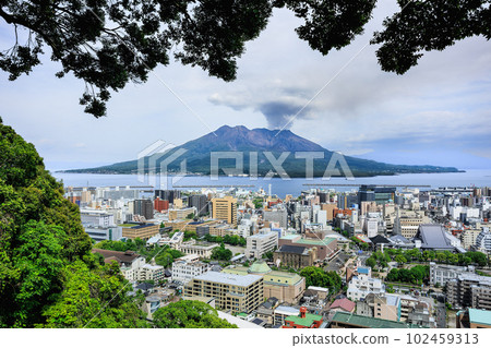 Sakurajima and Kagoshima cityscape seen from Shiroyama Park Observatory 102459313