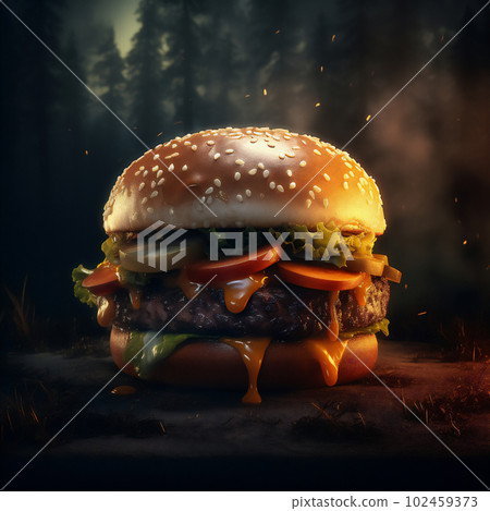 Savory Hamburger with Ketchup and Mustard. Generative AI. Savory Hamburger with Ketchup and Mustard. Generative AI. 102459373