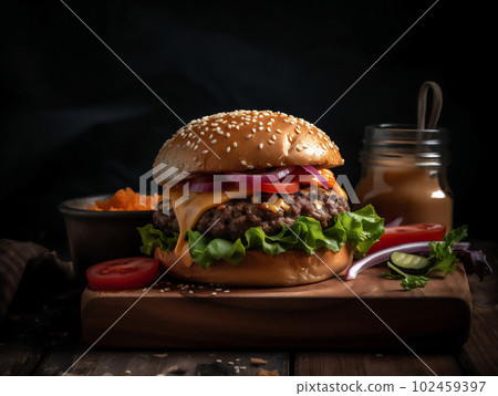 Tasty Hamburger with Tomato and Onion. Generative AI. 102459397