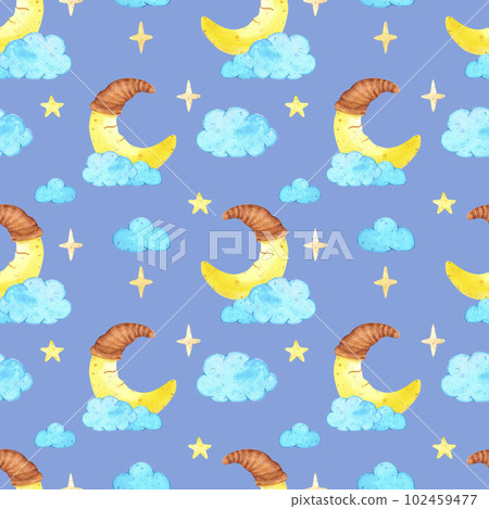 Hand drawn watercolor blue clouds with smiling crescent moon seamless pattern. Isolated on blue background. Can be used for children's textile, gift-wrapping, fabric, wallpaper. 102459477