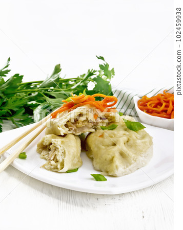 Patties pegodi with spicy carrots in plate on white board Patties pegodi with spicy carrots in plate on white board 102459938