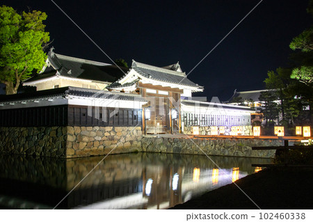 Black Gate of Matsumoto Castle lit up Black Gate of Matsumoto Castle lit up 102460338