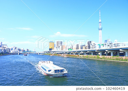 Scenery of Tokyo, Tokyo Sky Tree and pleasure boat Scenery of Tokyo, Tokyo Sky Tree and pleasure boat 102460419