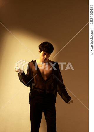 Portrait of young handsome man posing in black transparent shirt against studio background with sunlight. Elegance look 102460423