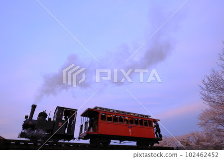 一輛窄軌輕軌蒸汽機車和一輛木製客車在暮色中行駛 一輛窄軌輕軌蒸汽機車和一輛木製客車在暮色中行駛 102462452