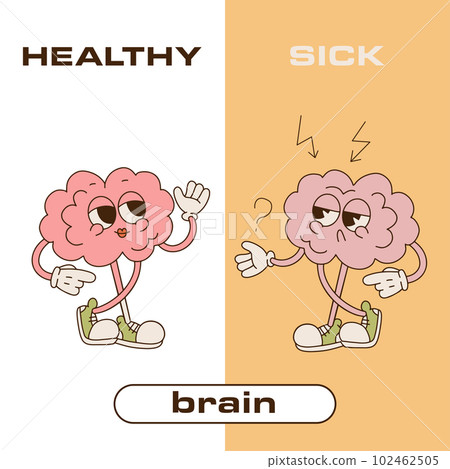 Sad unhealthy sick and strong healthy smiling happy brain. Retro cartoon character illustration. Brain problem concept Sad unhealthy sick and strong healthy smiling happy brain. Retro cartoon character illustration. Brain problem concept 102462505