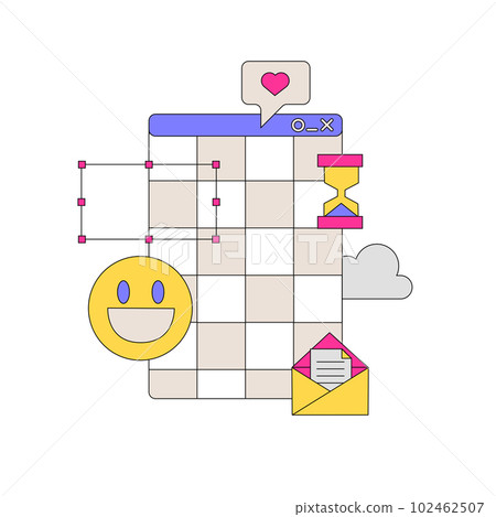 Cute print in 90s retro pc style with window panel, smile, email etc. Trendy y2k graphic for tee, sweatshirt. Contour Vector hand drawn illustration. 102462507