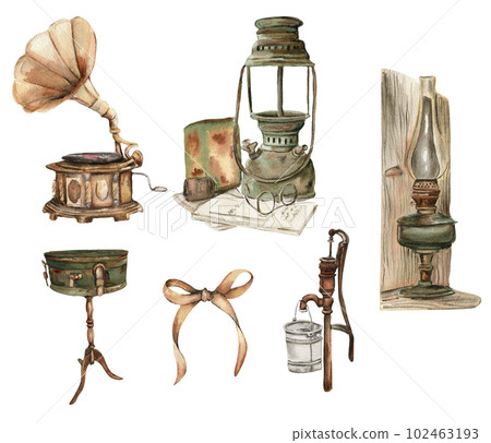 Watercolor illustration set of old rusty elements. An old rusty enamel element. Hand drawn in watercolor on a white background. Perfect for wedding invitation, greetings card, posters, party decor. 102463193