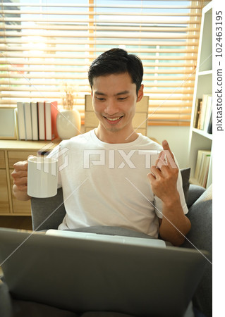 Smiling millennial man communicating online or distantly working on laptop at home. People, technology and lifestyle 102463195