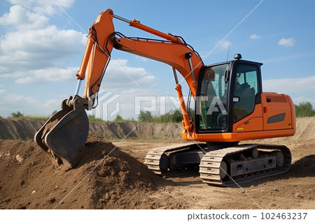 A minitractor rakes the earth with a bucket. Land works. Generative AI. A minitractor rakes the earth with a bucket. Land works. Generative AI. 102463237