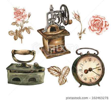 Watercolor illustration set of old rusty elements with roses flowers. Hand drawn with watercolor on a white background. Perfect for wedding invitation, greetings card, posters, party decor. 102463278
