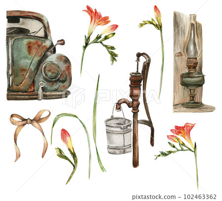 Watercolor illustration set of old rusty elements with freesia flowers. Hand drawn with watercolor on a white background. Perfect for wedding invitation, greetings card, posters, party decor. 102463362