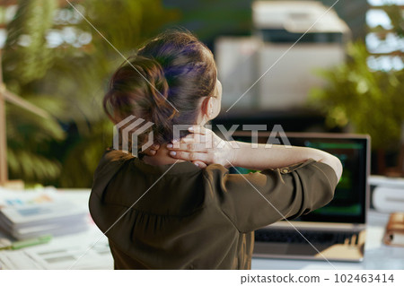 Seen from behind modern woman with laptop having neck pain Seen from behind modern woman with laptop having neck pain 102463414