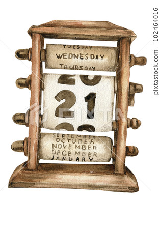 Watercolor illustration of old rusty green calendar. An old rusty enamel element. Hand drawn in watercolour on a white background. Perfect for wedding invitation, greetings card, posters, party decor. 102464016