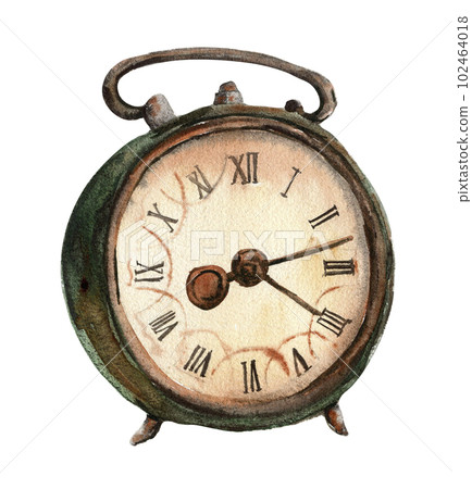 Watercolor illustration of old rusty green clock. An old rusty enamel element. Hand drawn in watercolor on a white background. Perfect for wedding invitation, greetings card, posters, party decor. 102464018