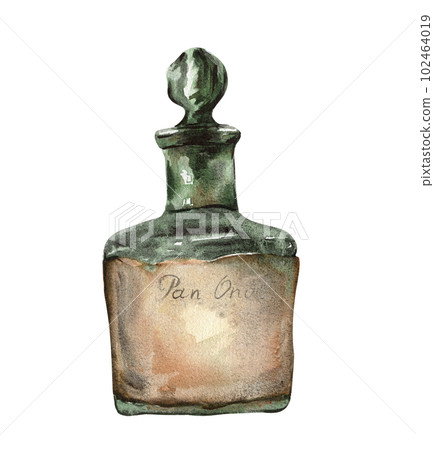Watercolor illustration of old rusty green bottle. An old rusty enamel element. Hand drawn in watercolor on a white background. Perfect for wedding invitation, greetings card, posters, party decor. 102464019