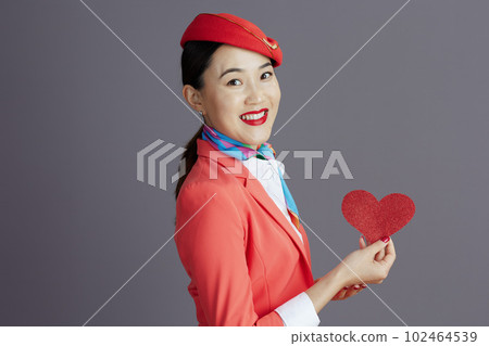 smiling stylish asian female air hostess against gray 102464539