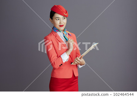 pensive modern stewardess asian woman isolated on grey pensive modern stewardess asian woman isolated on grey 102464544