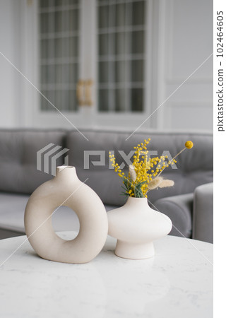 Two decorative ceramic modern round mimosa vases with a hole inside on the table in the living room 102464605