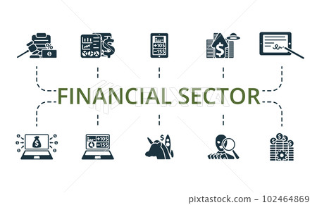 Financial sector set. Creative icons: tax regulation, financial data analytics, digital banking, future of money, electronic signature, crowdfunding platform, e-banking, unicorn startup, fraud Financial sector set. Creative icons: tax regulation, financial data analytics, digital banking, future of money, electronic signature, crowdfunding platform, e-banking, unicorn startup, fraud 102464869