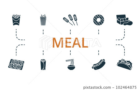 Meal set. Creative icons: french fries, popcorn, corndog, donut, chicken nugget, takoyaki, burrito, noodles, hot dog, taco. Meal set. Creative icons: french fries, popcorn, corndog, donut, chicken nugget, takoyaki, burrito, noodles, hot dog, taco. 102464875
