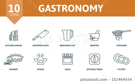 Gastronomy set. Creative icons: kitchen knifes, chopper knife, measuring cup, mortar, strainer, burner, apron, oven, kitchen timer, plates. Gastronomy set. Creative icons: kitchen knifes, chopper knife, measuring cup, mortar, strainer, burner, apron, oven, kitchen timer, plates. 102464934