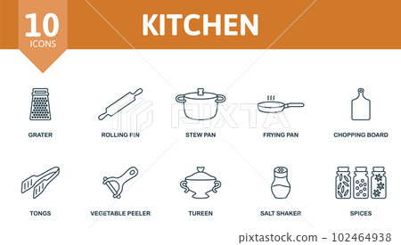 Kitchen set. Creative icons: grater, rolling pin, stew pan, frying pan, chopping board, tongs, vegetable peeler, tureen, salt shaker, spices. Kitchen set. Creative icons: grater, rolling pin, stew pan, frying pan, chopping board, tongs, vegetable peeler, tureen, salt shaker, spices. 102464938