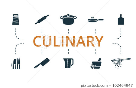 Culinary set. Creative icons: grater, rolling pin, stew pan, frying pan, chopping board, kitchen knifes, chopper knife, measuring cup, mortar, strainer. 102464947