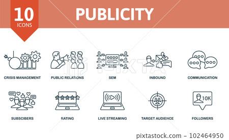 Publicity set. Creative icons: crisis management, public relations, sem, inbound, communication, subscribers, rating, live streaming, target audience, followers. Publicity set. Creative icons: crisis management, public relations, sem, inbound, communication, subscribers, rating, live streaming, target audience, followers. 102464950