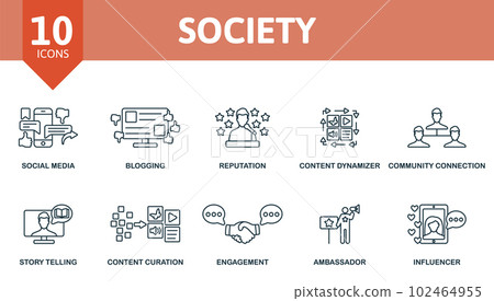 Society set. Creative icons: social media, blogging, reputation, content dymanizer, community connection, story telling, content curation, engagement, ambassador, influencer. 102464955
