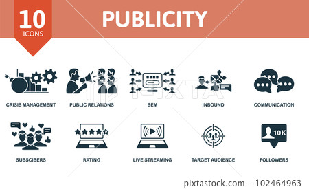 Publicity set. Creative icons: crisis management, public relations, sem, inbound, communication, subscribers, rating, live streaming, target audience, followers. 102464963