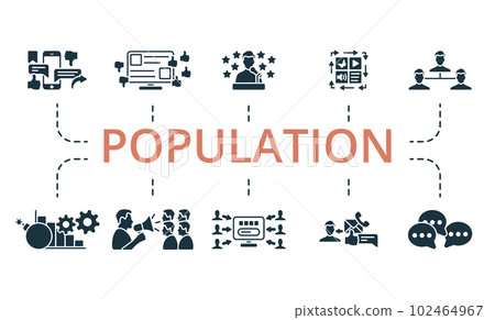 Population set. Creative icons: social media, blogging, reputation, content dymanizer, community connection, crisis management, public relations, sem, inbound, communication. 102464967