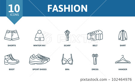 Fashion set. Creative icons: shorts, winter hat, scarf, belt, shirt, boot, sport shoes, bra, dress, hanger. 102464976