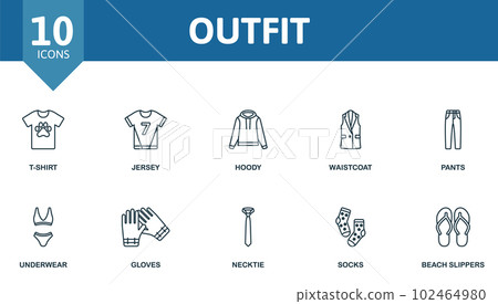 Outfit set. Creative icons: t-shirt, jersey, hoody, waistcoat, pants, underwear, gloves, necktie, socks, beach slippers. Outfit set. Creative icons: t-shirt, jersey, hoody, waistcoat, pants, underwear, gloves, necktie, socks, beach slippers. 102464980