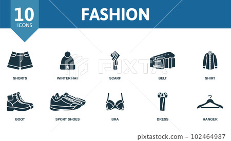 Fashion set. Creative icons: shorts, winter hat, scarf, belt, shirt, boot, sport shoes, bra, dress, hanger. Fashion set. Creative icons: shorts, winter hat, scarf, belt, shirt, boot, sport shoes, bra, dress, hanger. 102464987