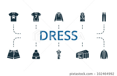 Dress set. Creative icons: t-shirt, jersey, hoody, waistcoat, pants, shorts, winter hat, scarf, belt, shirt. Dress set. Creative icons: t-shirt, jersey, hoody, waistcoat, pants, shorts, winter hat, scarf, belt, shirt. 102464992