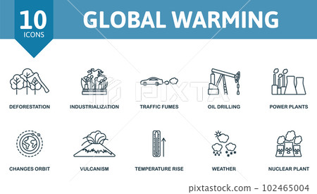 Global warming set. Creative icons: deforestation, industrialization, traffic fumes, oil drilling, power plants, changes orbit, vulcanism, temperature rise, weather, nuclear plant. Global warming set. Creative icons: deforestation, industrialization, traffic fumes, oil drilling, power plants, changes orbit, vulcanism, temperature rise, weather, nuclear plant. 102465004