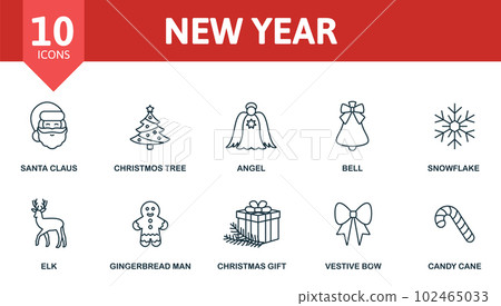 New Year set. Creative icons: santa claus, christmas tree, angel, bell, snowflake, elk, gingerbread man, christmas gift, festive bow, candy cane. New Year set. Creative icons: santa claus, christmas tree, angel, bell, snowflake, elk, gingerbread man, christmas gift, festive bow, candy cane. 102465033