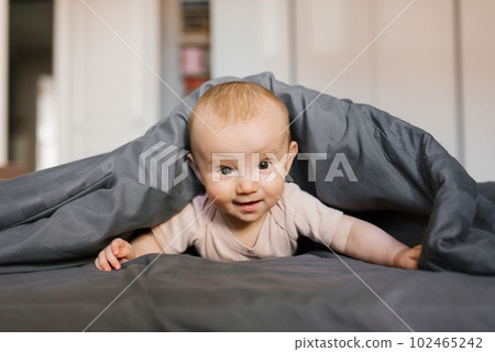 Cute Baby lies on the bed under the blanket 102465242