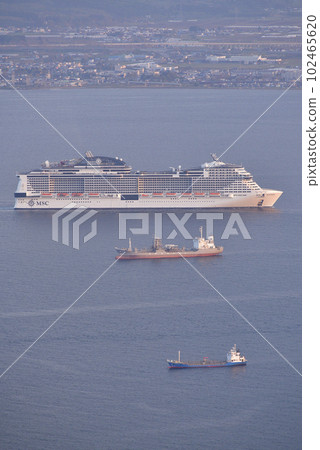 Early morning scenery of the cruise ship MSC Bellissima calling at Hakodate Port, Hakodate City, Hokkaido, taken from Mt. Hakodate in spring Early morning scenery of the cruise ship MSC Bellissima calling at Hakodate Port, Hakodate City, Hokkaido, taken from Mt. Hakodate in spring 102465620