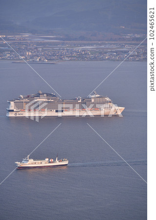 Early morning scenery of the cruise ship MSC Bellissima calling at Hakodate Port, Hakodate City, Hokkaido, taken from Mt. Hakodate in spring Early morning scenery of the cruise ship MSC Bellissima calling at Hakodate Port, Hakodate City, Hokkaido, taken from Mt. Hakodate in spring 102465621