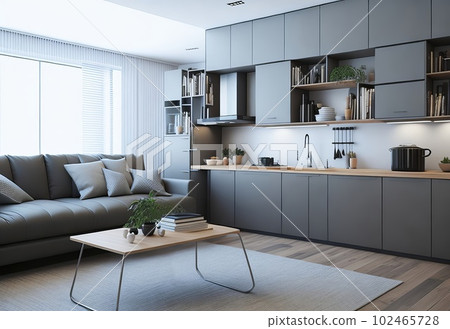 Modern kitchen in a stylish residence. Generative AI. Modern kitchen in a stylish residence. Generative AI. 102465728