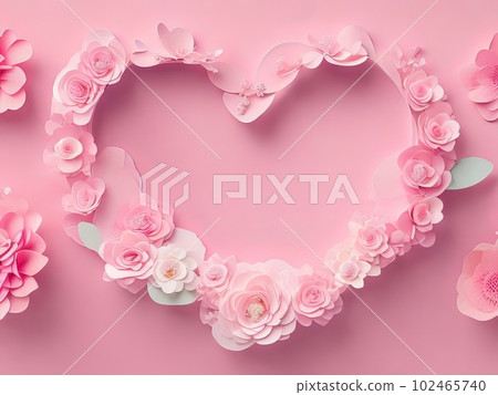 Lovely Mother's Day banner with a pink heart. Design of paper flowers with copy space. Generative AI. Lovely Mother's Day banner with a pink heart. Design of paper flowers with copy space. Generative AI. 102465740